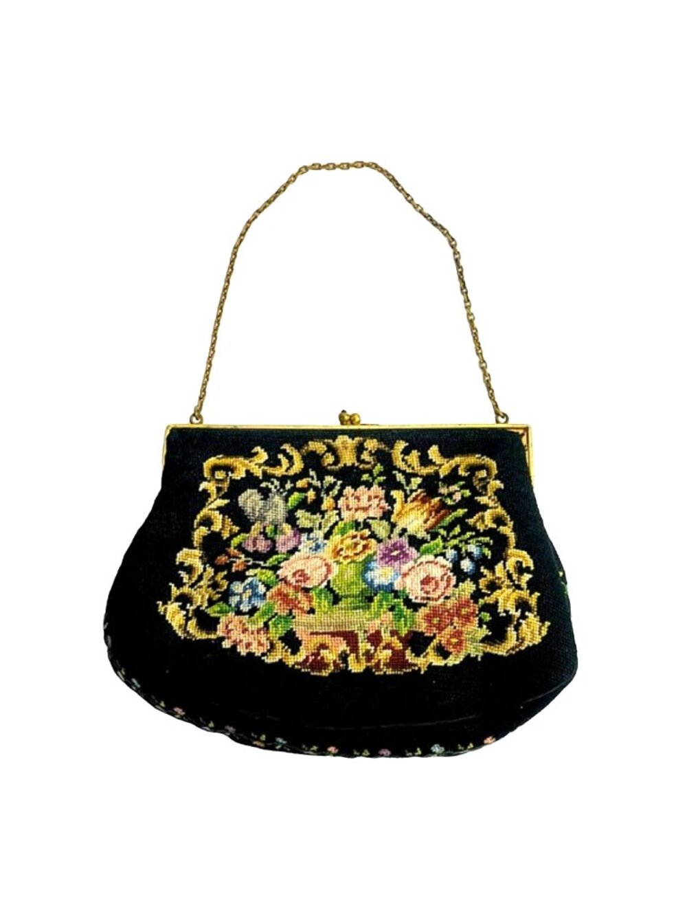 Vintage Needlepoint Purse Clutch Handbag Bag Floral Design 7.5" x 5.5" 1940's